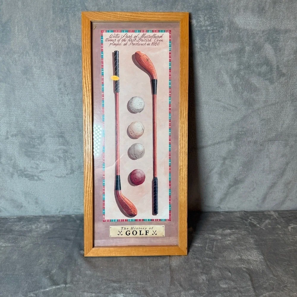 Vintage Golf Print Wall Art - Oak Frame, Pink Accents